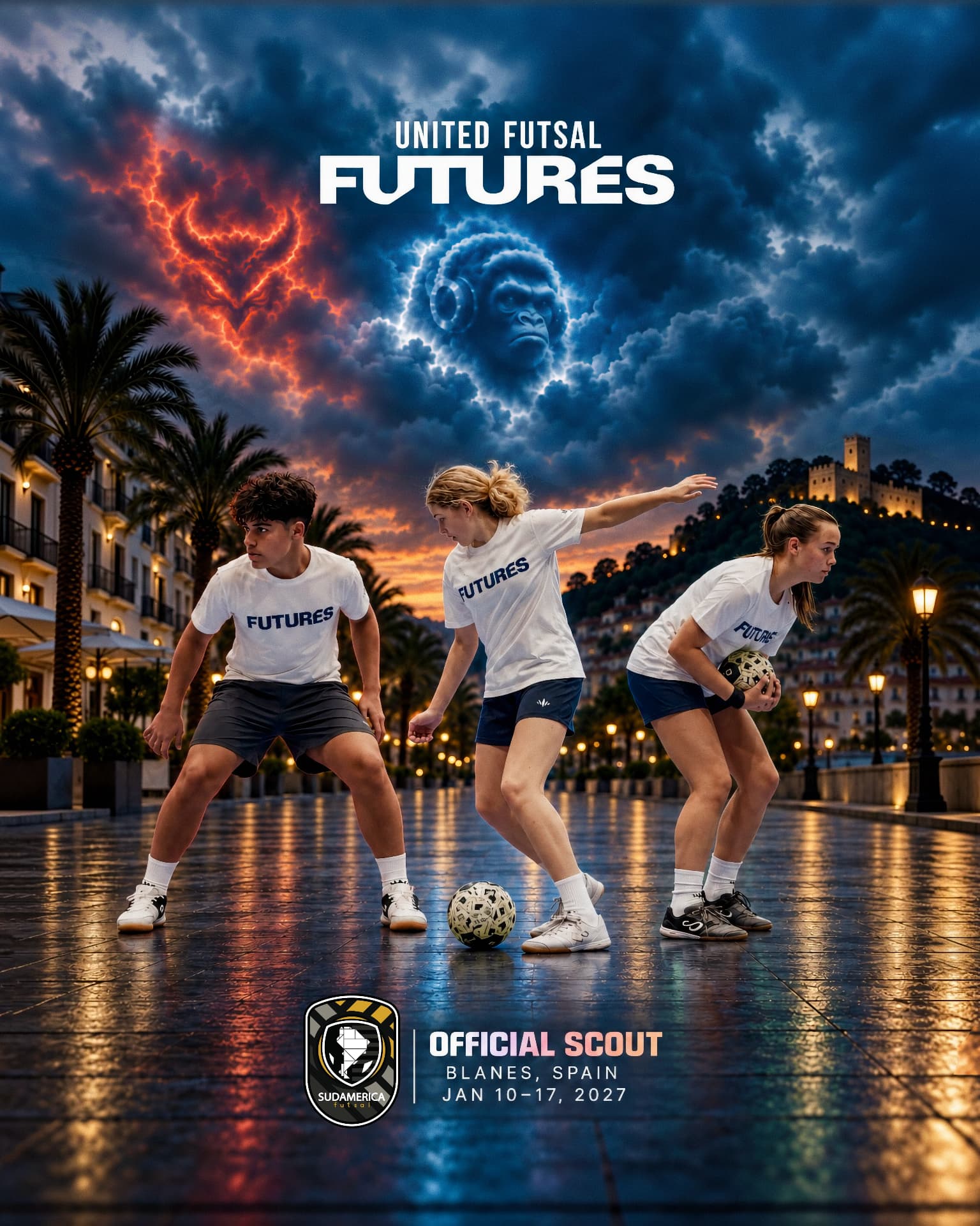 United Futsal FUTURES 2027 flyer - Sudamerica Futsal Official Scout, Blanes, Spain, January 10-17, 2027